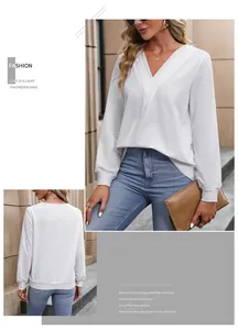 Detail of white V-neck long sleeve sweatshirt with ribbed cuffs for casual daily wear