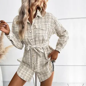 Women's plaid tweed shacket jacket with pearl buttons and waist belt in beige and black