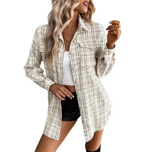 Women's vintage plaid shacket with pearl buttons and classic pockets in white and black