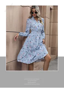 Detail of light blue floral dress with V-neck buttoned bodice and smocked waistline