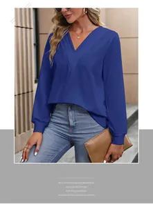 Detail of blue long-sleeve V-neck blouse with textured fabric and urban commute style
