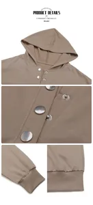 Detailansicht des khakifarbenen Hoodies mit Metalldruckknöpfen und Rippbündchen