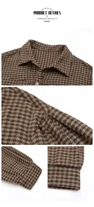 Detailed views of brown houndstooth jacket showing collar, buttons and fabric texture