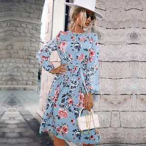Light blue floral long sleeve pleated dress with waist tie and rose print for women
