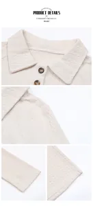 Detail of cable knit texture and button collar on off-white knitted polo shirt