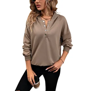 Khaki Kapuzenpullover für Damen mit V-Ausschnitt, Knopfleiste und langen überschnittenen Ärmeln