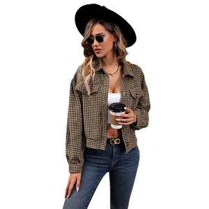 Brown houndstooth plaid jacket with lapel collar and flap pockets for autumn