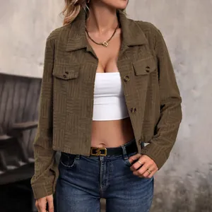 Veste en Velours Côtelé Courte pour Femmes Manches Longues Revers Texture Quadrillée 3D Vêtements d'Extérieur Décontractés Streetwear Manteau à Boutons