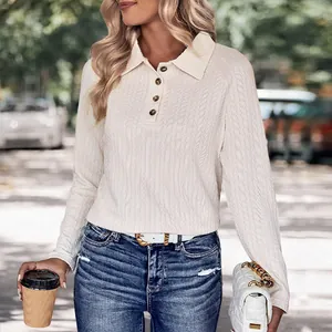 Women's cream textured knit long sleeve polo shirt with buttons and classic collar