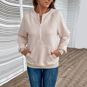 Women Casual Quilted Half Zip Hoodie Loose Long Sleeve Hooded Sweatshirt With Kangaroo Pocket Solid Color Pullover Top