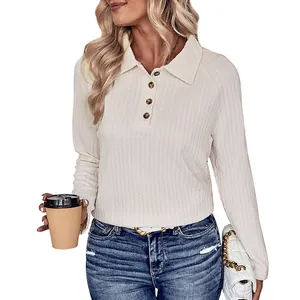 Women's beige ribbed knit polo shirt with long sleeves and buttoned collar detail