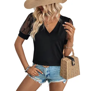 T-shirt noir femme à col en V avec manches en tulle transparent et motifs nœuds élégants