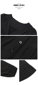 Detail of V-neckline with buttons and elastic cuffs on black ribbed fabric dress