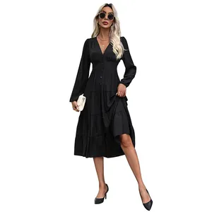 Elegant black V-neck tiered maxi dress with long sleeves and front buttons for women