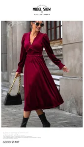 Elegant burgundy velvet midi dress with delicate ruffle trim and shirred waistline