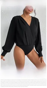 Detailed view of women's black V-neck long sleeve bodysuit with wrap front design