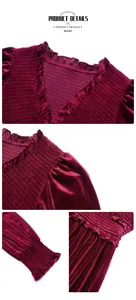 Detail of burgundy velvet dress featuring ruffled neckline and smocking craft texture