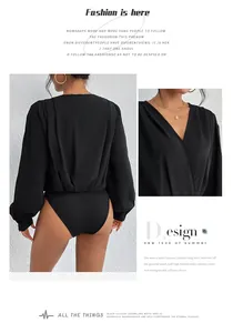Detailed view of back pleat and plunging V-neck on this black long sleeve bodysuit