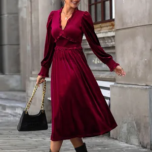 Elegant Burgundy Velvet Midi Dress For Women V Neck Ruffle Trim Smocked Waist Long Sleeve A-Line Party Evening Dress