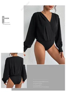 Front and back detail of a chic black long sleeve V-neck bodysuit with wrap design
