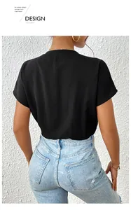 Close-up back view of a minimalist black short-sleeve top with elegant crew neckline