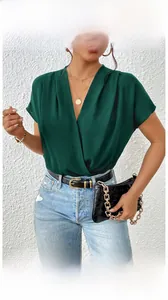 Detail of the dark green V-neck cross wrap bodysuit with short batwing sleeves