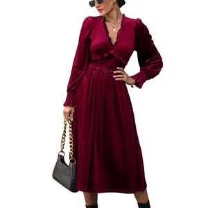 Elegant burgundy velvet long dress with ruffled V-neck and smocked waist design