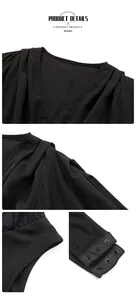 Detail of black V-neck bodysuit showing pleated shoulders and bottom snap button closure