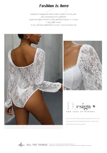 Detail of white lace long-sleeved bodysuit with elegant low back and hollow-out texture