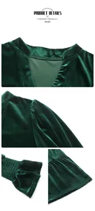 Detailansicht von V-Ausschnitt, Samtstruktur und Rüschenbündchen am grünen Kleid