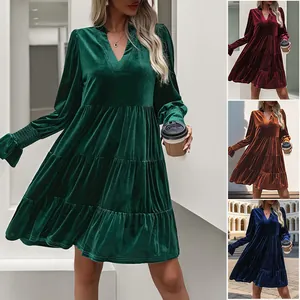 Damen Elegant Samt V-Ausschnitt Stufen Mini Kleid Langarm Gesmokte Manschetten Einfarbig Rüschensaum Party Cocktail Kleider