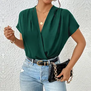 Elegant dark green V-neck short sleeve bodysuit with stylish crossover front design