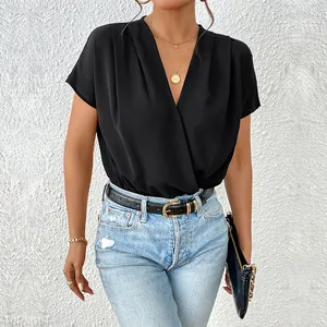 Elegant black V-neck wrap bodysuit with batwing sleeves for women's stylish workwear