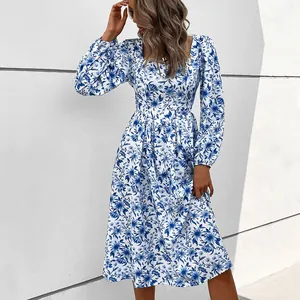 Women's Elegant Vintage Square Neck Floral Midi Dress With Lace Trim Long Puff Sleeves French Pastoral Style Polyester Dress
