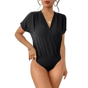 Elegant black V-neck bodysuit with batwing sleeves and wrap design for women
