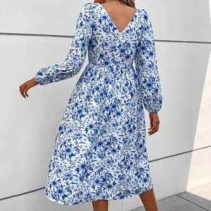 Elegant French square neck backless dress with vintage blue floral print and long sleeves