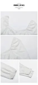 Close-up of white floral lace bodysuit detailing puff sleeves and snap button closure