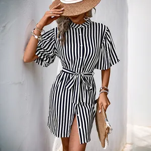 Robe Chemise à Rayures pour Femmes Décontractée Robe Courte avec Ceinture Nouée Manches Bouffantes Bleu Marine Rayures Verticales