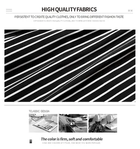 Macro shot of high-quality black and white striped fabric texture and sewing process