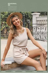 Detail of a beige linen romper featuring a round neck and waist tie with beach accessories