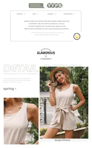 Detail of beige sleeveless linen romper featuring a round neck and waist tie design