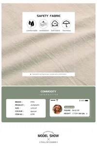 Detailed size chart and fabric texture for apricot cotton linen loose jumpsuit