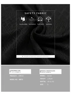 Detalle de la textura de punto jacquard negro con tabla de tallas y medidas de la modelo