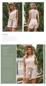 Detail view of beige cotton linen romper with waist tie and back buttons for women