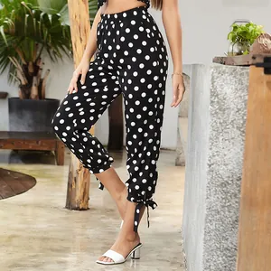 Women High Waist Casual Striped Pants With Bow Tie Cuff Polka Dot Print Cotton Blend Cropped Trousers For Summer Fashion