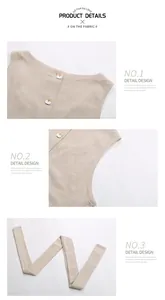 Detailed views of cotton linen jumpsuit showing round neck, back buttons, and waist tie