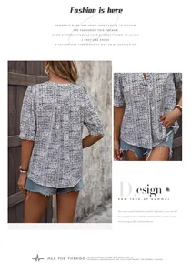 Dettaglio camicetta a maniche corte con scollo a V e trama tweed bianca e nera