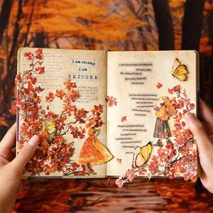 Vintage αυτοκόλλητα scrapbooking με φύλλα σφενδάμου και φιγούρες σε ρετρό σελίδες ημερολογίου
