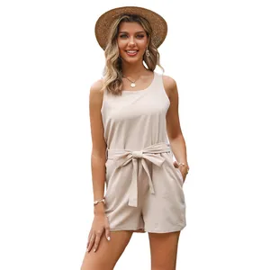 Sleeveless beige cotton linen romper with adjustable drawstring waist and side pockets