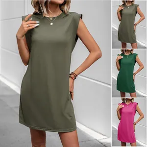 Damen Casual Ärmellos T-Shirt Kleid Rundhals Schulterpolster Mini-Länge Einfarbig Lose Gerade Sommer Sonnenkleid